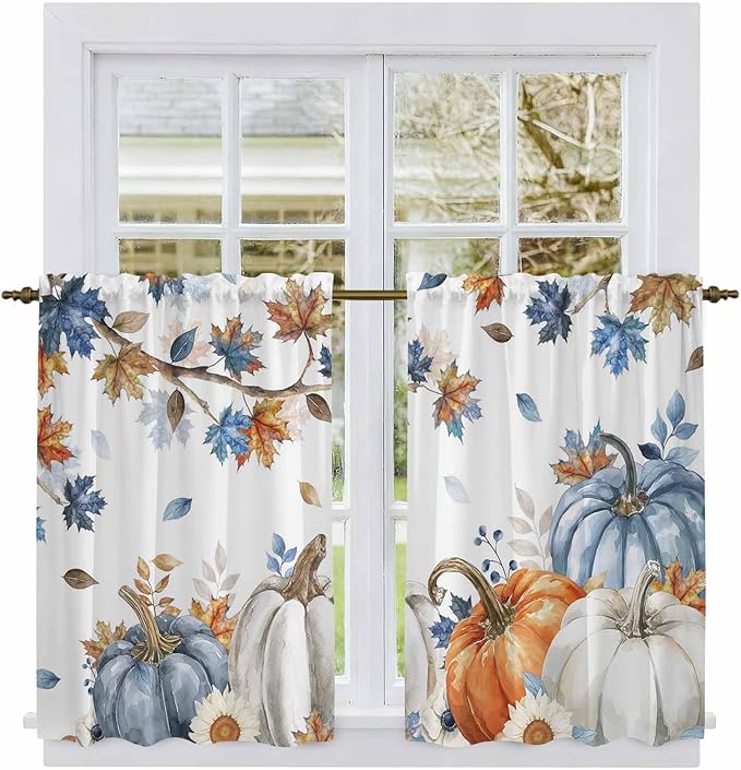 Navy Blue Pumpkin Fall Kitchen Curtains 45 Inch Long 2 Panel Set, Rod Pocket - Image 2