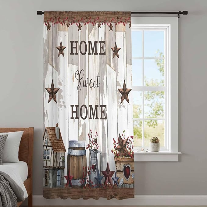 Farmhouse Sheer Curtains 108 Inch Length Retro Country Star Berry Vintage Wood - Image 4