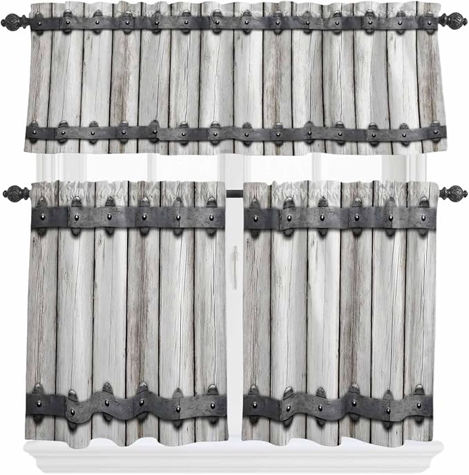 Farmhouse Rustic Kitchen Curtain Set, Vintage Country Wooden Grain Window by Unknown