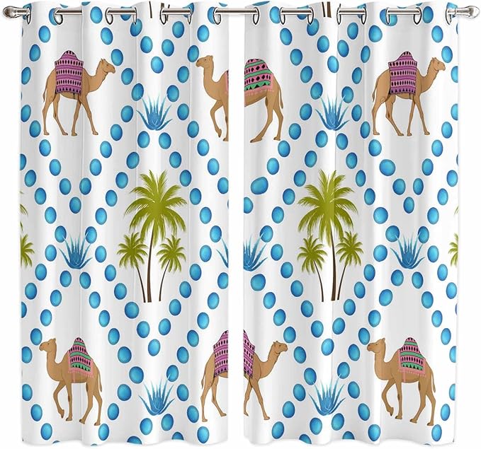 2 Panel Kitchen Cafe Curtains, Camels Palm Trees Sunlight Filtering Nature Air by Hokiten