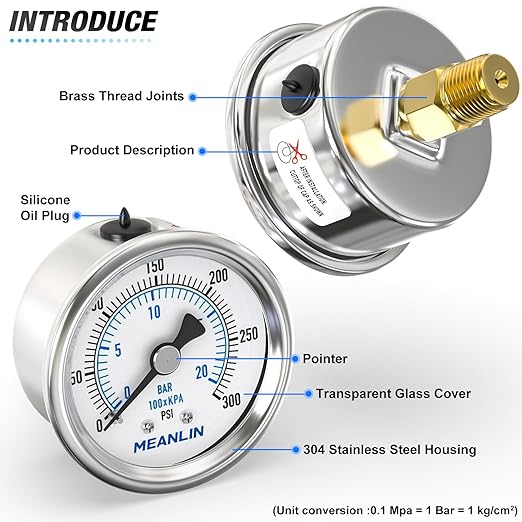 MEANLIN MEASURE 0~300Psi Dry Pressure Gauge Stainless Steel 1/4" NPT 2" FACE - Image 4