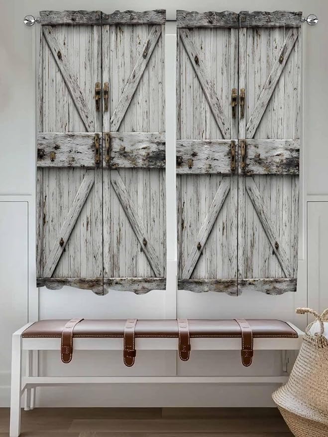 Vintage Gate Bedroom Curtains 63 Inches length, Farmhouse Wooden Grain Shabby - Image 4