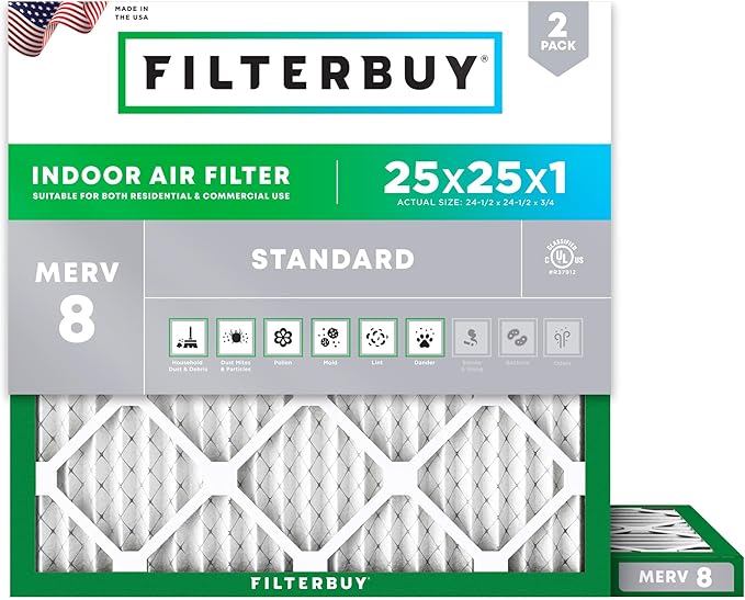 Filterbuy 25x25x1 Air Filter MERV 8 Essential Dust & Allergy Defense, by Filterbuy