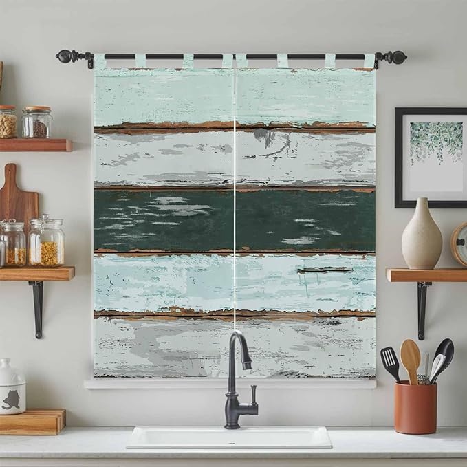 Blue Teal Bathroom Curtains 63 Inch Length, Window Curtains Tab Top, Vintage - Image 3
