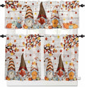 Fall Gnomes Kitchen Curtain Set, Thanksgiving Maple Leaf Grey Wood Grain Window by Unknown