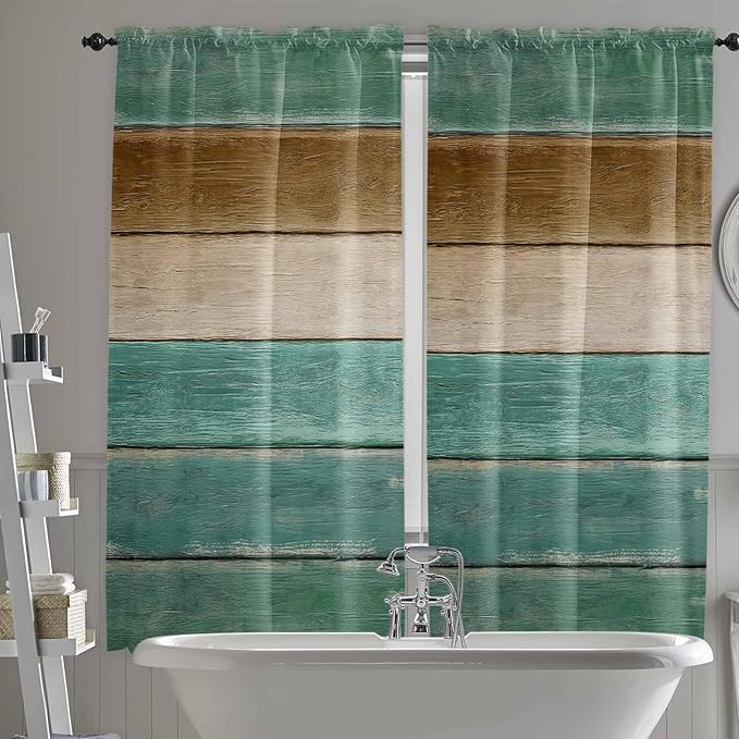Vintage Plank Turquoise Brown Window Valance Curtains, Farmhouse Wood Grain by IDOWMAT