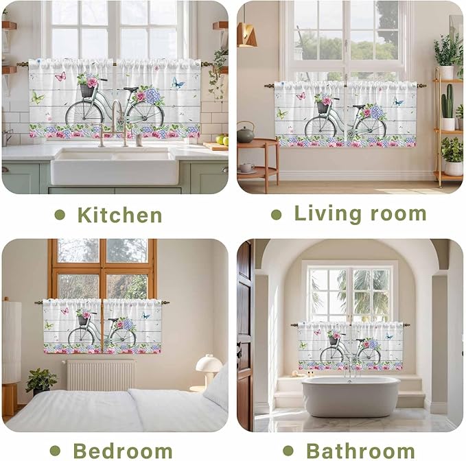 Spring Tier Curtains, Bicycles Botanical Rose Leaves Butterfly Wood Grain Light - Image 8