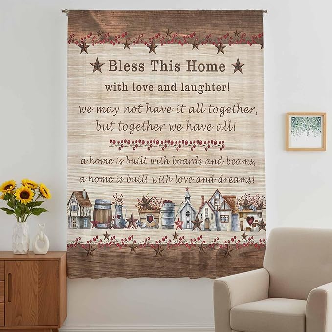 Farmhouse Sheer Curtains 54 Inch Length Brown Country Star Berry Vintage Wood - Image 5