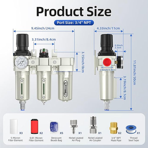 3/4" NPT Air Compressor Water Separator, Industrial Grade 3 Stage Air Drying - Image 2