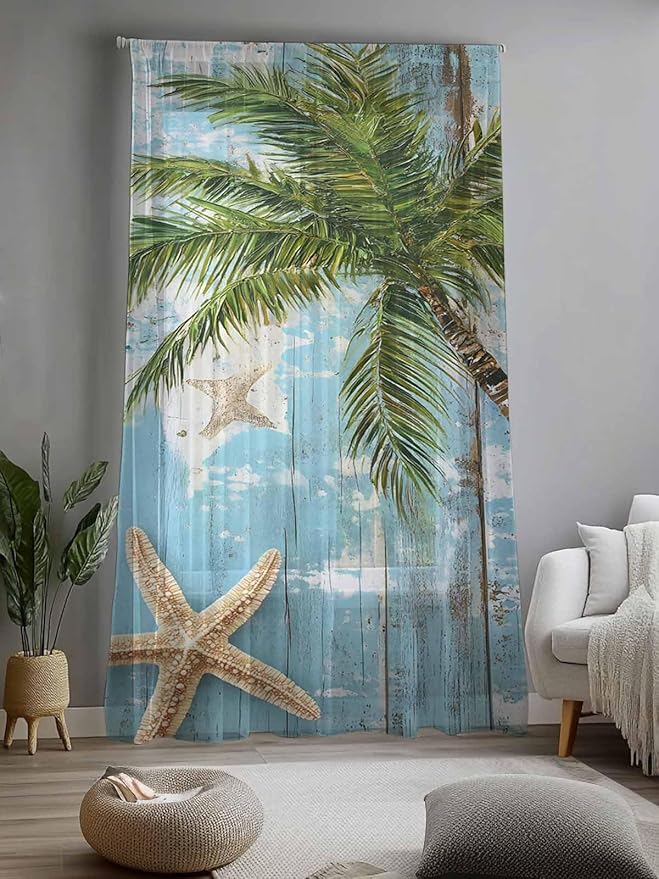 Sheer Curtains 84 Inches Long, Coastal Beach Blue Semi Sheer Curtains Light - Image 2