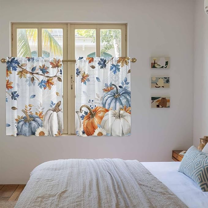 Fall Blue Maple Kitchen Curtains 45 Inch Long 2 Panel Set, Rod Pocket Window - Image 4