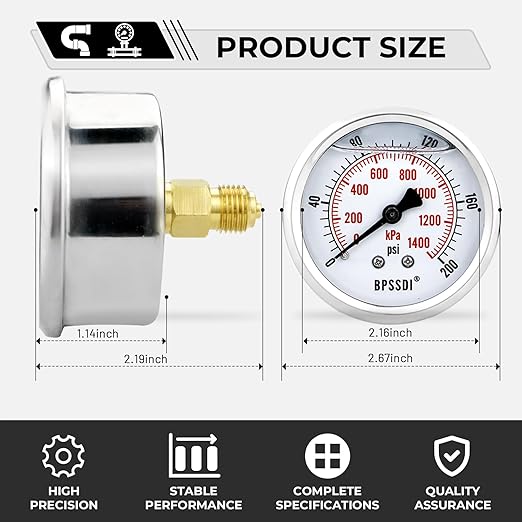 0-200 Psi Glycerin Liquid Filled Low Pressure Gauge, 2.5" Dial Size, 1/4" G - Image 3