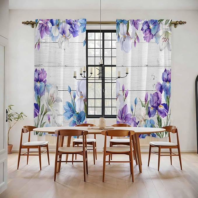 Spring Flowers Kitchen Curtains, Watercolor Garden Florals Wooden Grain Light - Image 2