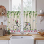 Farmhouse Spring Kitchen Curtains, Retro Bicycles Flowers Vines Butterfly Light - Image 2