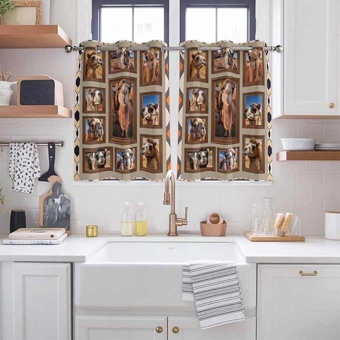 2 Panel Kitchen Cafe Curtains, Desert Camels Sunlight Filtering Nature Air - Image 2