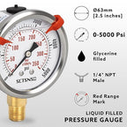 0 to 5000 Psi Hydraulic Pressure Gauge, Glycerin Liquid Filled, 2.5 inch Dial - Image 2
