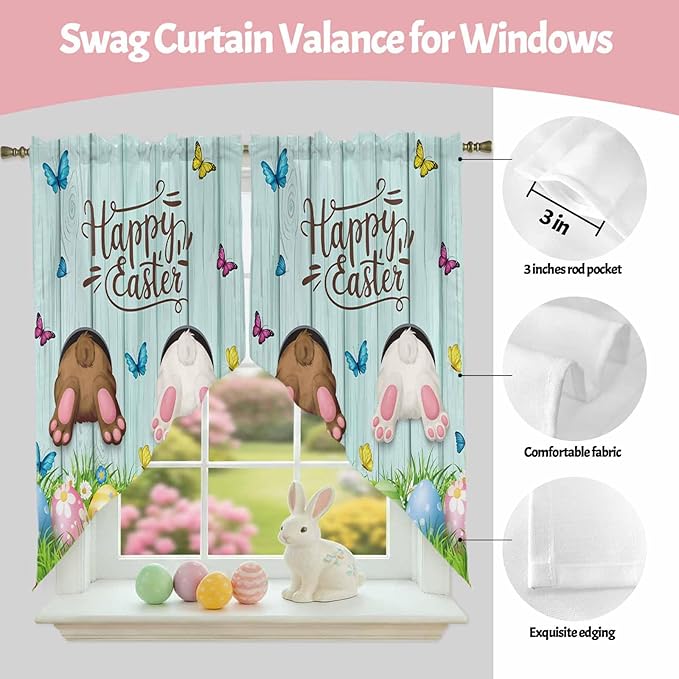 Swag Curtain Valances for Kitchen Windows, Happy Easter Bunny Butt Egg Floral - Image 9