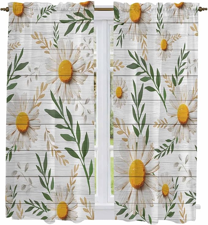 Spring Daisy Kitchen Curtains, Farmhouse Country Flower Leaf Plant Wood Grain by Unknown