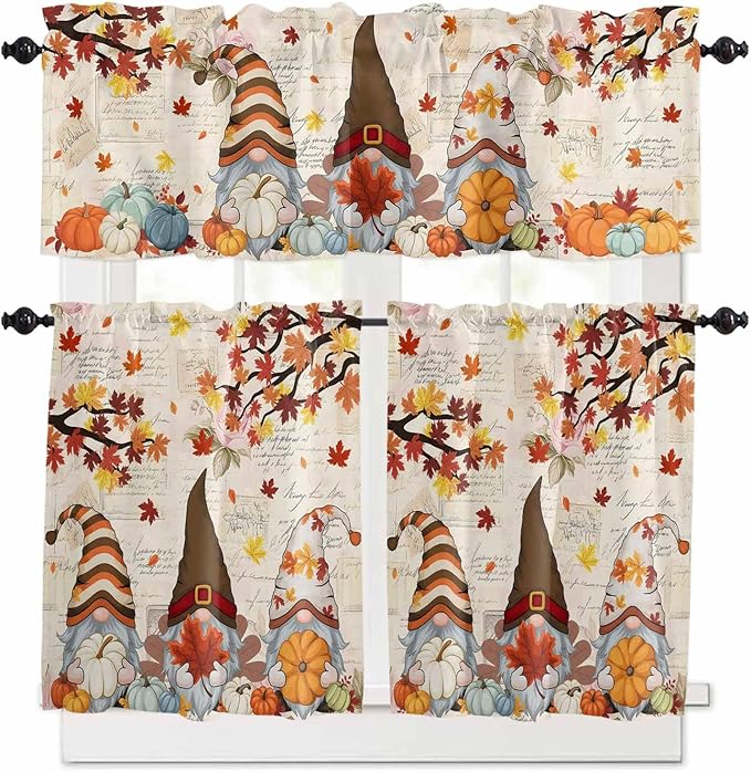Fall Gnomes Kitchen Curtain Set, Thanksgiving Maple Leaf Rustic Pumpkin Window by Unknown