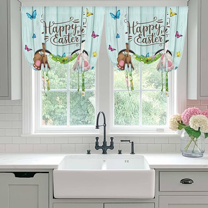 Tie Up Curtains, Happy Easter Bunny Butt Egg Floral Adjustable Rod Pocket - Image 5