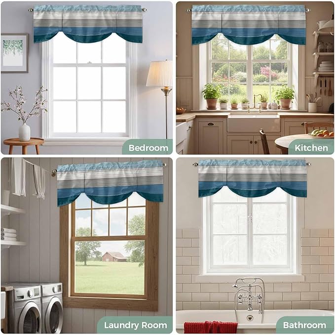 Blue Ombre Wooden Tie Up Valance Curtains - Image 8