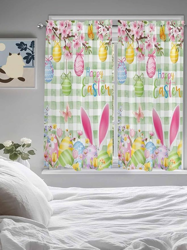 Happy Easter Bedroom Curtains 63 Inches length, Spring Bunny Eggs Flower Sage - Image 5