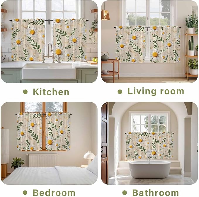 Spring Daisy Tier Curtains, Country Watercolor Flower Leaf Plant Light - Image 8