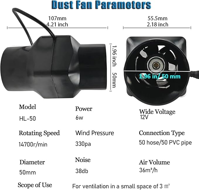 2 Inch Inline Duct Fan 12V 22 Cfm Ventilation Fan Variable Speed HVAC Blower - Image 2