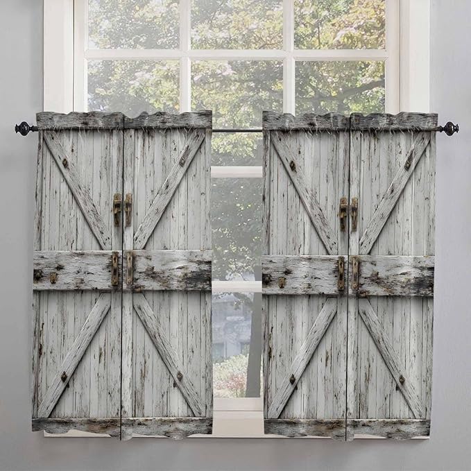 Vintage Gate Tier Curtains 45 Inches Long, Farmhouse Wooden Grain Shabby Chic - Image 2