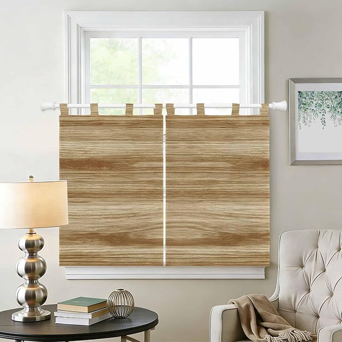 Light Brown Wood Grain Bedroom Curtains 63 Inch Length, Window Curtains Tab Top - Image 2