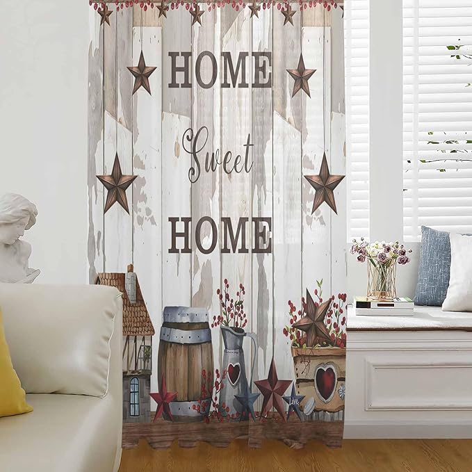Farmhouse Sheer Curtains 108 Inch Length Retro Country Star Berry Vintage Wood by Unknown