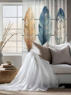 Sheer Curtains 63 Inch Length, Boho Blue Feathers Semi Sheer Curtains Light - Image 4