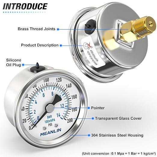 MEANLIN MEASURE 0~200Psi Dry Pressure Gauge Stainless Steel 1/4" NPT 2" FACE - Image 4