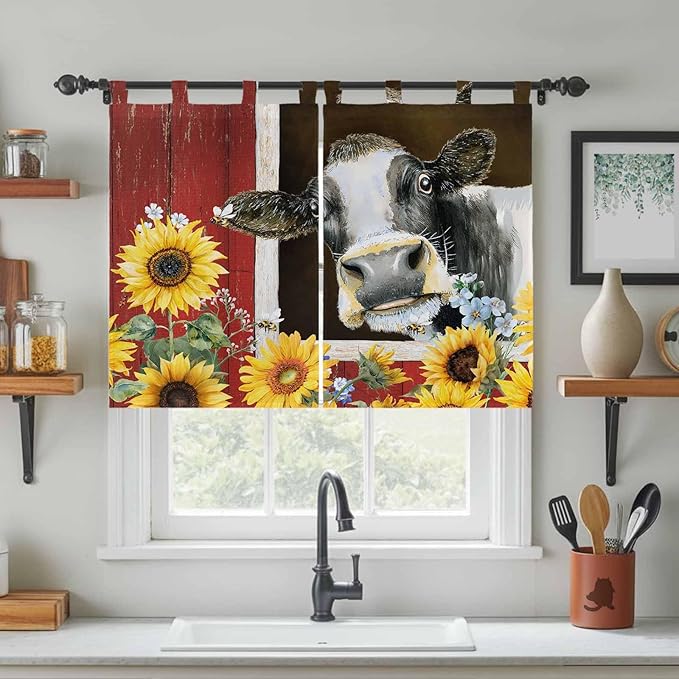 Cows Sunflowers Bedroom Curtains 63 Inch Length, Window Curtains Tab Top - Image 3