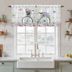 Spring Tier Curtains, Bicycles Botanical Rose Leaves Butterfly Wood Grain Light - Image 2