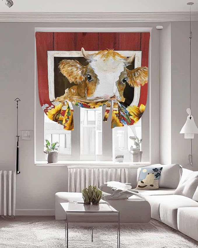 Tie Up Curtains for Windows, Cows Sunflowers Adjustable Balloon Nature Linen - Image 3