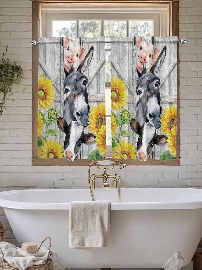 Farmhouse Kitchen Curtains 45 Inches length, Watercolor Sunflowers Animals - Image 7
