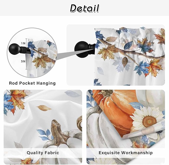 Navy Blue Pumpkin Fall Kitchen Tier Curtains 24 Inch Long 2 Panel Set, Rod - Image 9