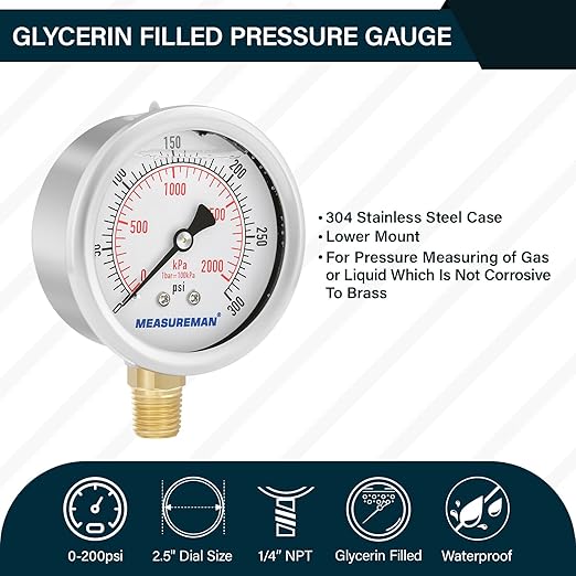 MEASUREMAN 2-1/2inch Dial Size, Glycerin Filled Pressure Gauge, 0-300psi/kpa - Image 2