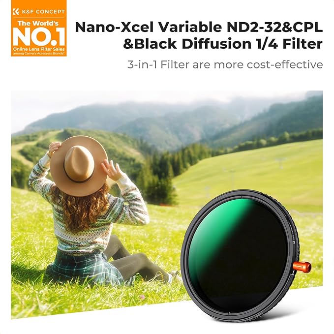 K&F CONCEPT 49mm Black Diffusion Mist Effect 1/4 & Variable ND2-32 & Circular - Image 2