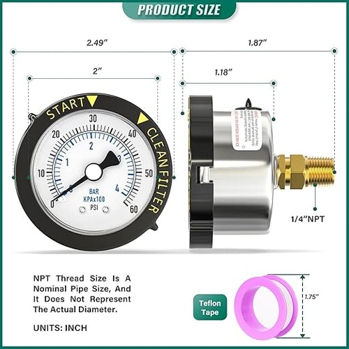 0-60PSI Stainless Steel Pool Filter Pressure Gauge, 1/4" NPT Back Mount - Image 2