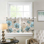Teal Blue Tulips Kitchen Curtains 36 Inch Length, Small Window Curtains Tab Top - Image 2