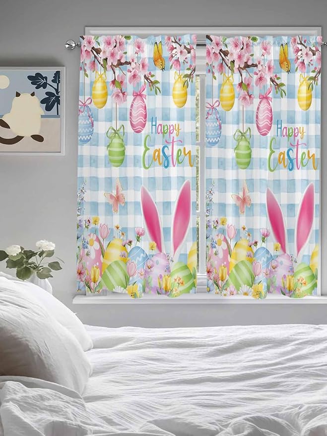 Happy Easter Bedroom Curtains 63 Inches length, Spring Watercolor Bunny Eggs - Image 5