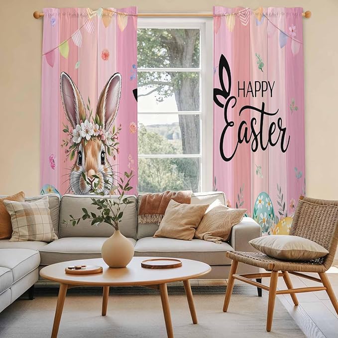 Easter Kitchen Curtains, Spring Rabbit Eggs Flowers Flags Leaves Wood Grain - Image 3