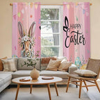 Easter Kitchen Curtains, Spring Rabbit Eggs Flowers Flags Leaves Wood Grain - Image 3