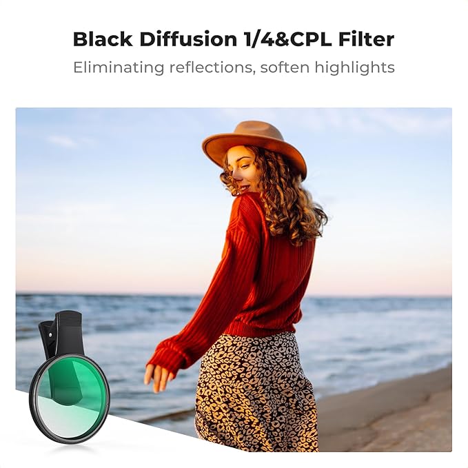 K&F CONCEPT 67mm Clip-on Black Diffusion 1/4&CPL Phone Camera Lens Filter Kit - Image 3