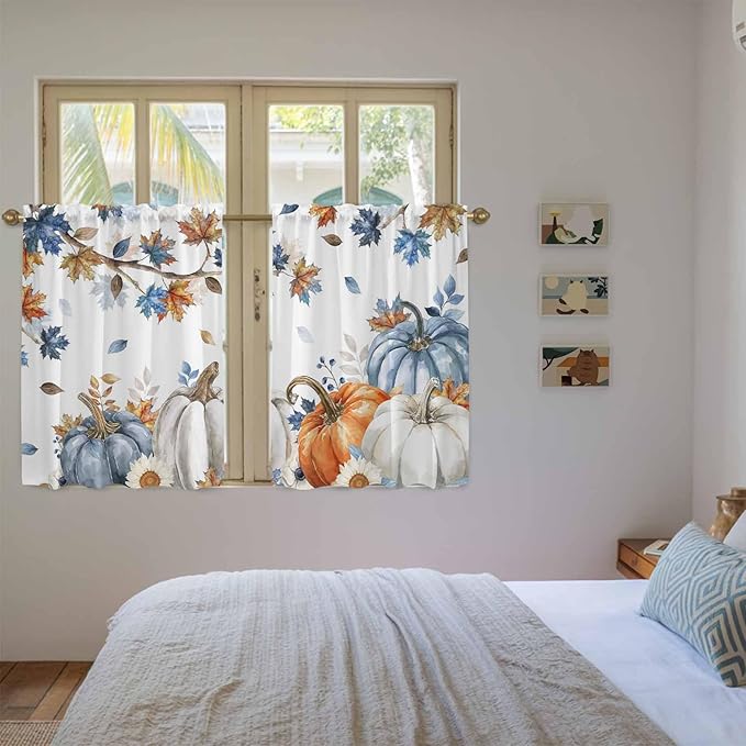 Navy Blue Pumpkin Fall Kitchen Curtains 45 Inch Long 2 Panel Set, Rod Pocket - Image 4
