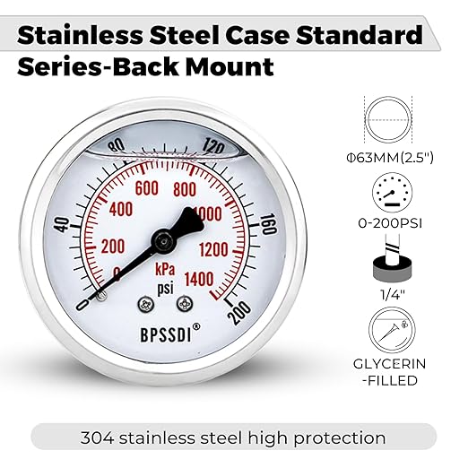 0-200 Psi Glycerin Liquid Filled Low Pressure Gauge, 2.5" Dial Size, 1/4" G - Image 4