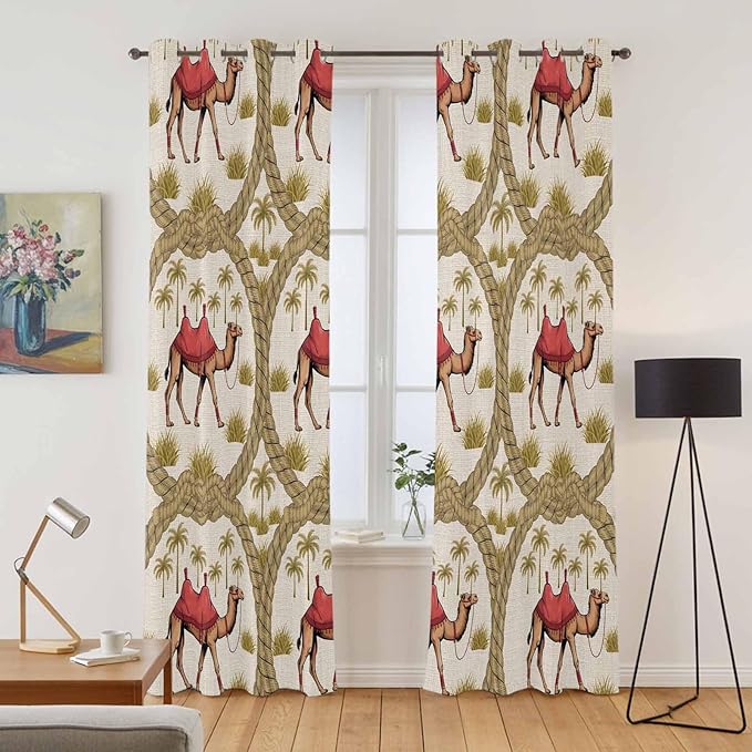 2 Panel Kitchen Cafe Curtains, Camels Palm Trees Sunlight Filtering Nature Air - Image 2
