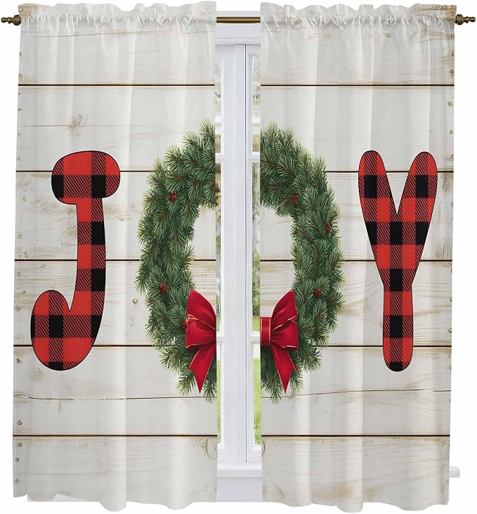 Christmas Wreaths Window Curtains 63 Inch Long 2 Panel Set, Rod Pocket Bedroom - Image 2